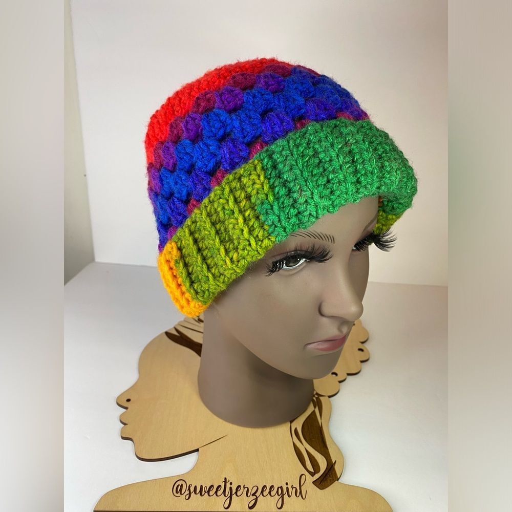 Favorite Rainbow stripe Handmade Crochet Acrylic Granny Stripe Stitch Beanie OS - Picture 4 of 10